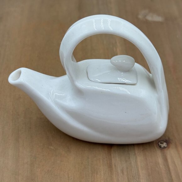 Miniature White Ceramic Teapot With Removable Lid Unique Handle Design Collectib - Picture 1 of 9